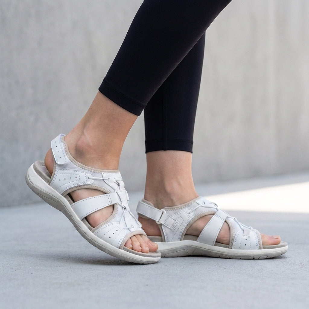 White orthopedic sandals with contoured footbed and adjustable straps