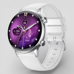 Silver smartwatch with white silicone strap and purple galaxy dial with gem markers