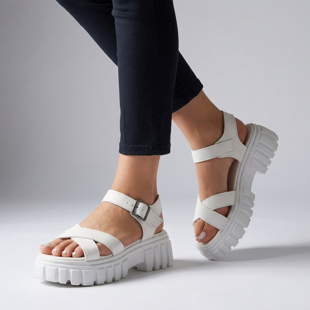 White platform sandals with adjustable buckle straps and thick lug sole