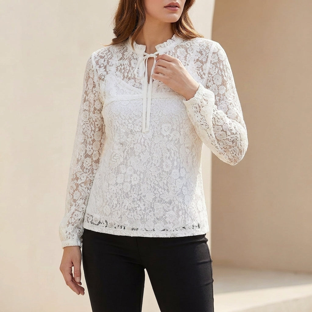 Sheer lace blouse in white with floral lace and zip-front ruffle collar