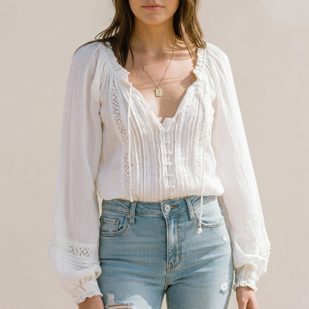 White V-neck blouse with pintuck front, lace panels, and gathered puff sleeves