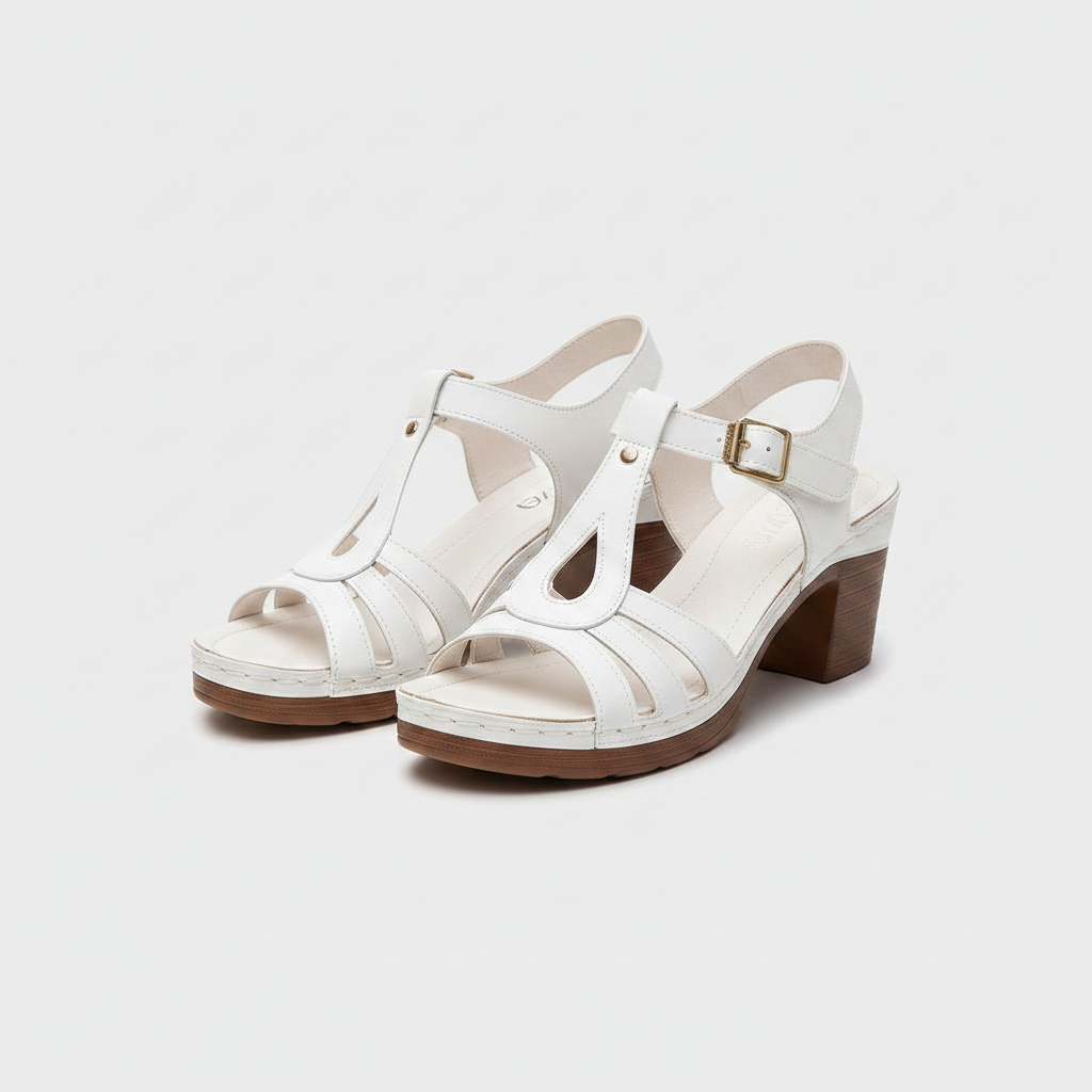 White women's T-strap sandals with block heel and cushioned footbed, buckle ankle strap