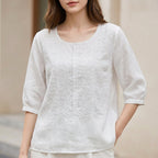 White embroidered blouse with round neck and 3/4 sleeves