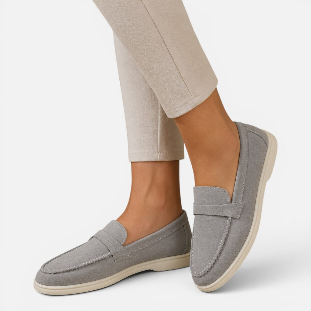 Women's gray suede slip-on loafers, padded vamp and elastic strap, flat sole