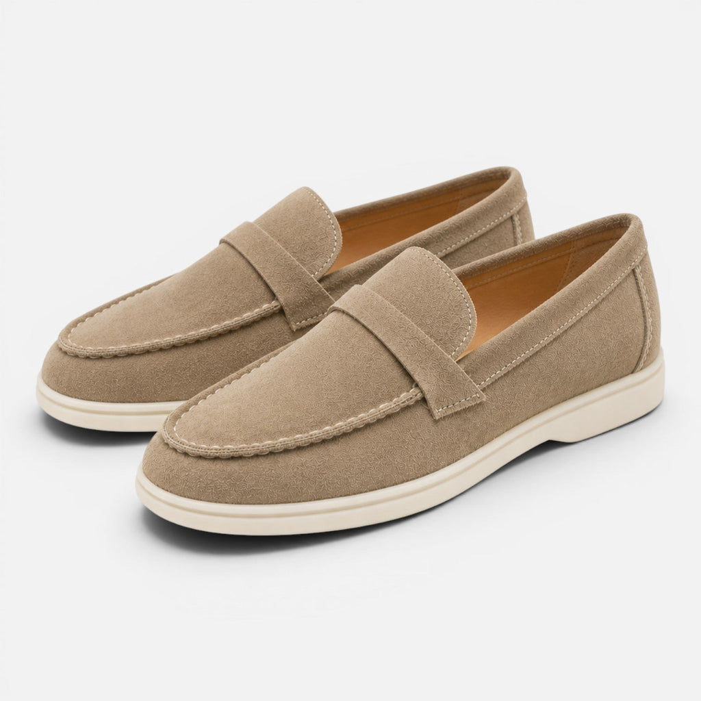 Women's beige suede slip-on loafers with wide strap and stitched moc toe