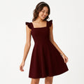 Claret fit-and-flare mini dress with square neckline and ruffle shoulder straps