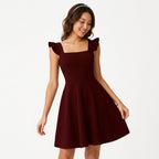 Claret fit-and-flare mini dress with square neckline and ruffle shoulder straps