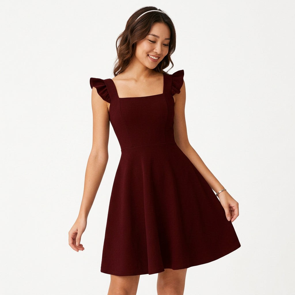 Claret fit-and-flare mini dress with square neckline and ruffle shoulder straps