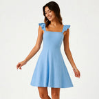 Light blue fit-and-flare mini dress with square neckline and ruffle shoulder straps
