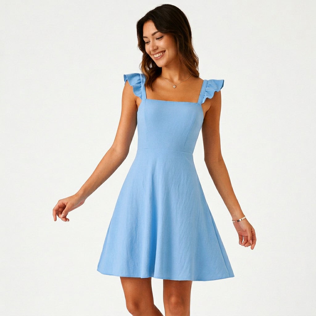 Light blue fit-and-flare mini dress with square neckline and ruffle shoulder straps