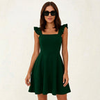 Dark green fit-and-flare mini dress with square neckline and ruffle shoulder straps