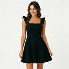Black fit-and-flare mini dress with square neckline and ruffle shoulder straps