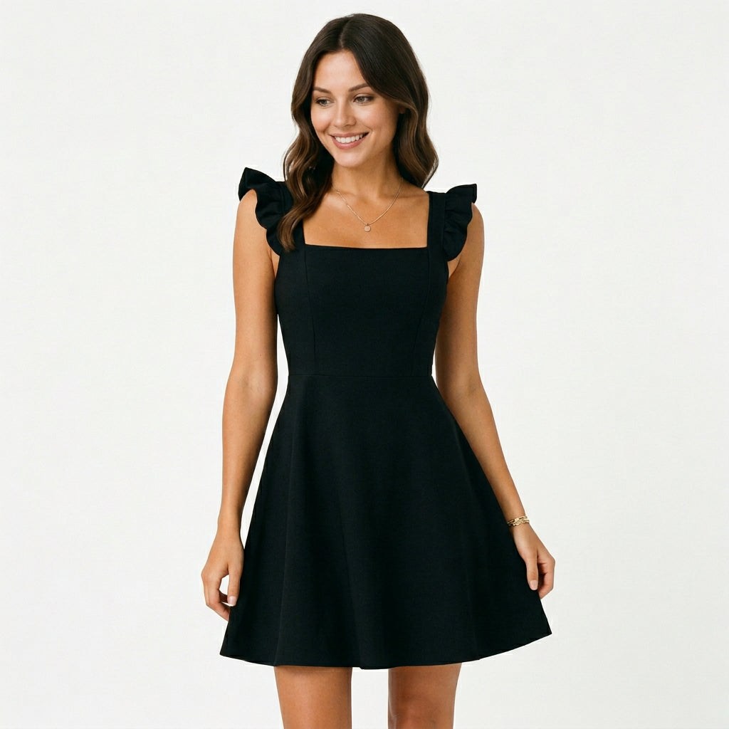 Black fit-and-flare mini dress with square neckline and ruffle shoulder straps