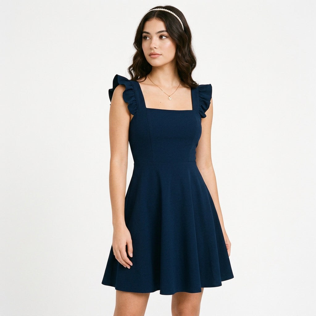 Dark blue fit-and-flare mini dress with square neckline and ruffle shoulder straps
