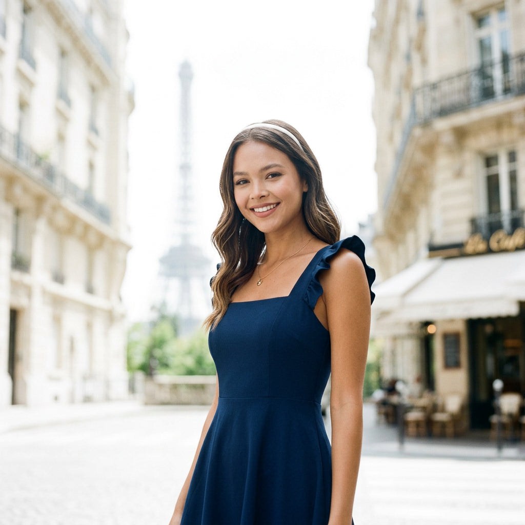 Dark blue fit-and-flare mini dress with square neckline and ruffle shoulder straps