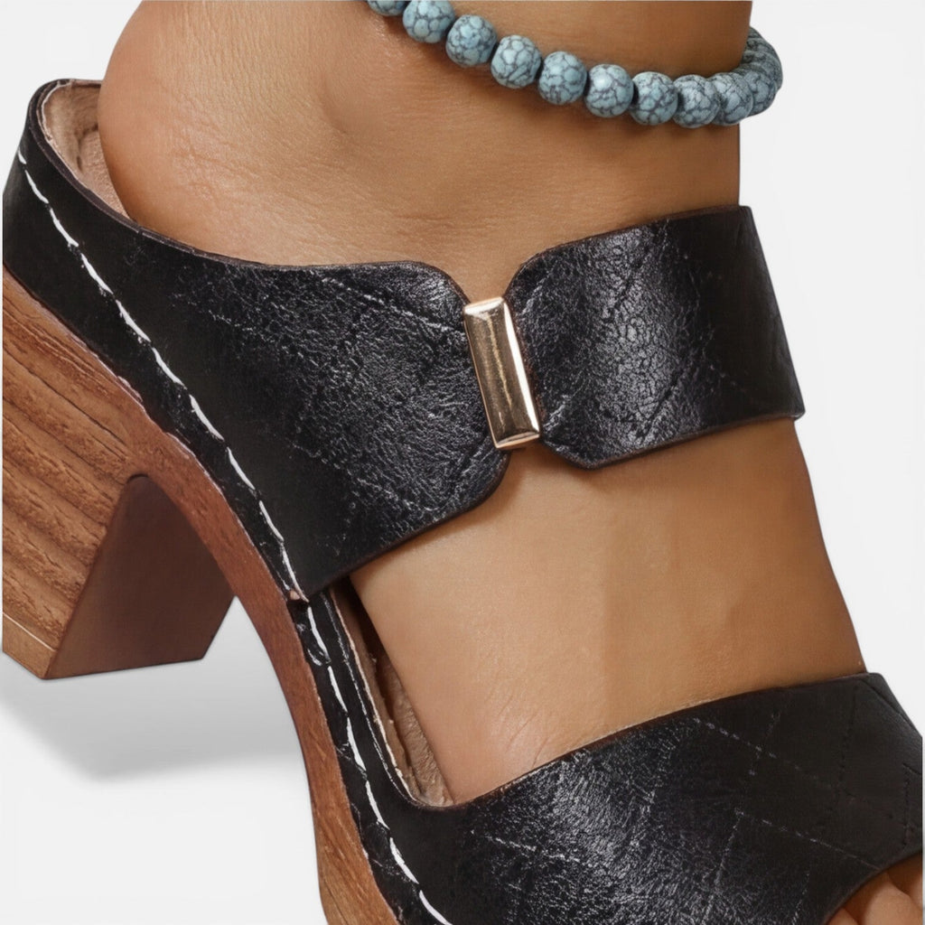 Black leather block heel sandal close-up of buckle strap and textured footbed