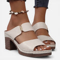 Beige leather quilted open-toe platform block heel sandals with wide straps