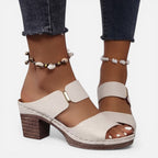 Beige leather block heel sandals, crisscross straps and open toe with bead anklet