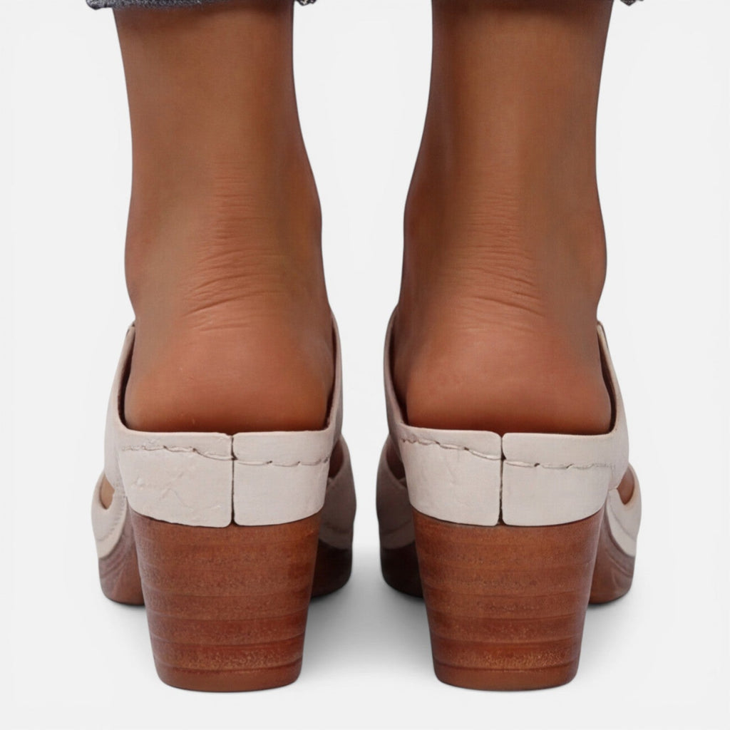Beige leather block heel sandals, back view with open heel and cushioned straps
