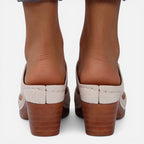 Beige leather block heel sandals, back view with open heel and cushioned straps