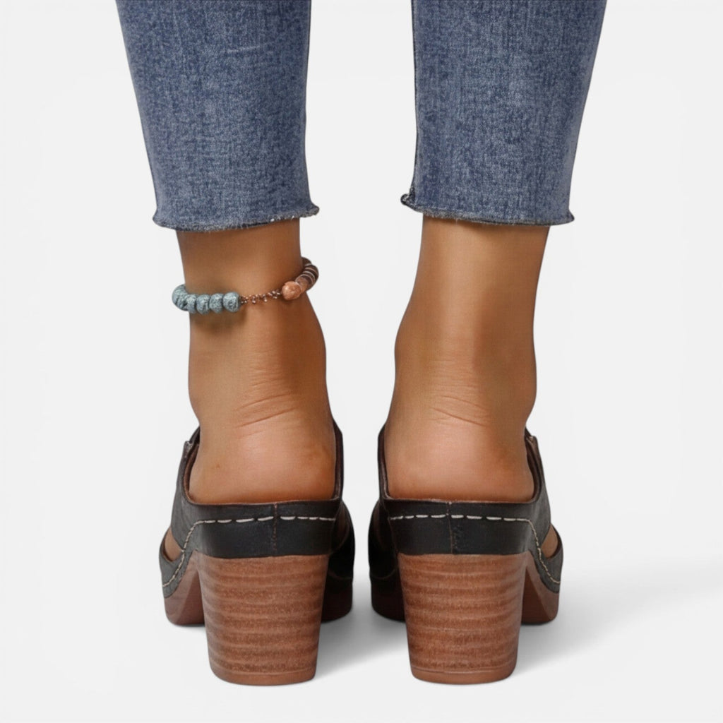 Black leather open-toe block heel sandals with back strap and cushioned sole