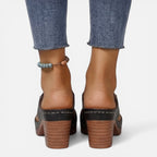 Black leather open-toe block heel sandals with back strap and cushioned sole
