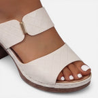 Beige leather block heel sandals close-up of footbed, open toe, and thick heel