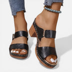 Black women’s leather block heel sandals with open toe and wide ankle strap