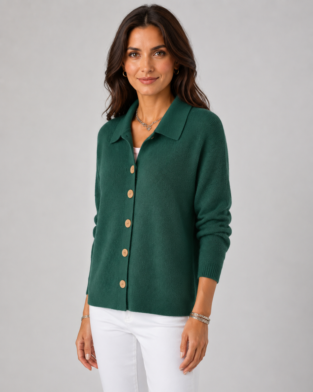 Green collared button-up knit cardigan with long sleeves