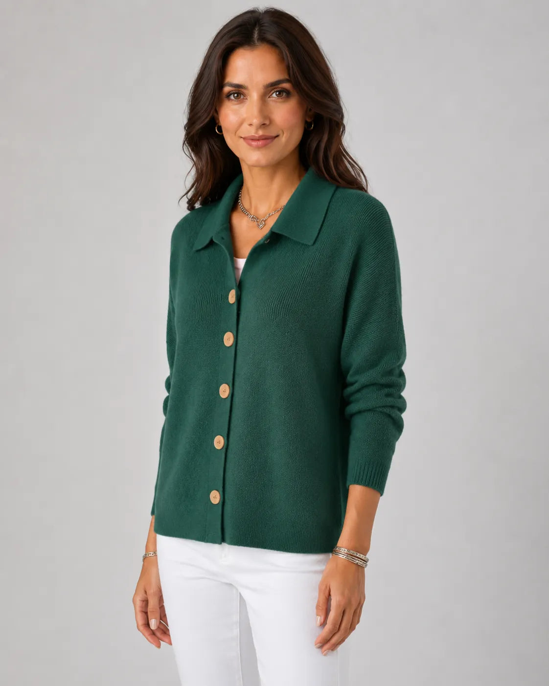 Green collared button-up knit cardigan with long sleeves