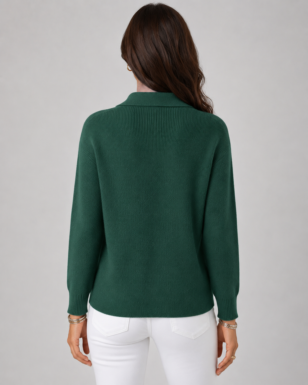 Green knit cardigan back view with ribbed cuffs and hem