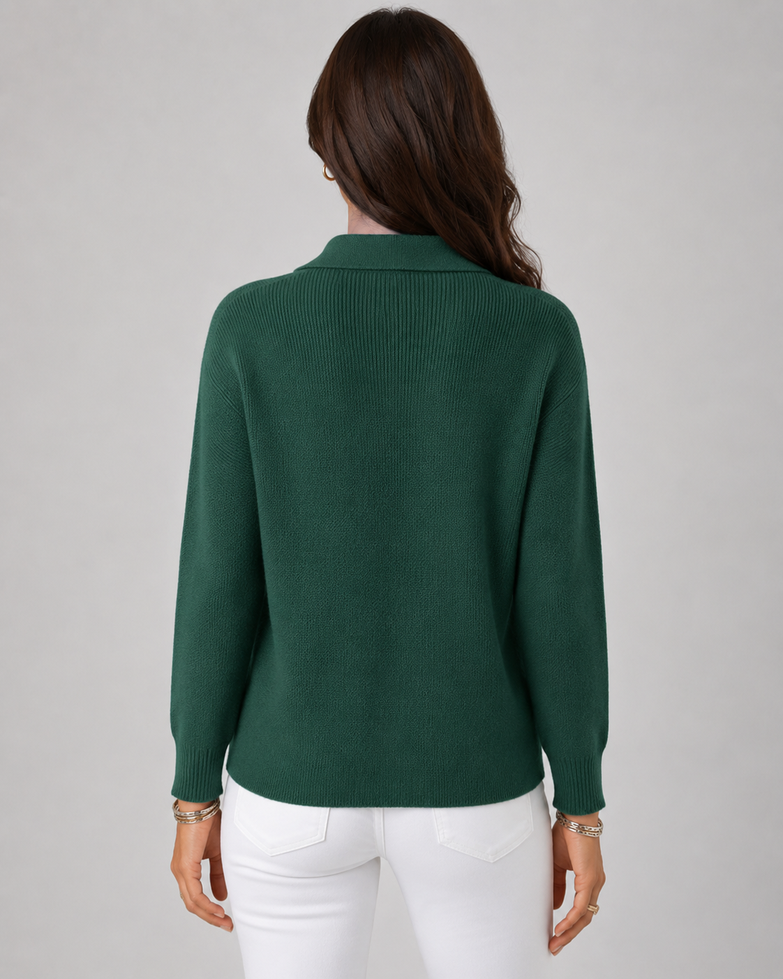 Green knit cardigan back view with ribbed cuffs and hem