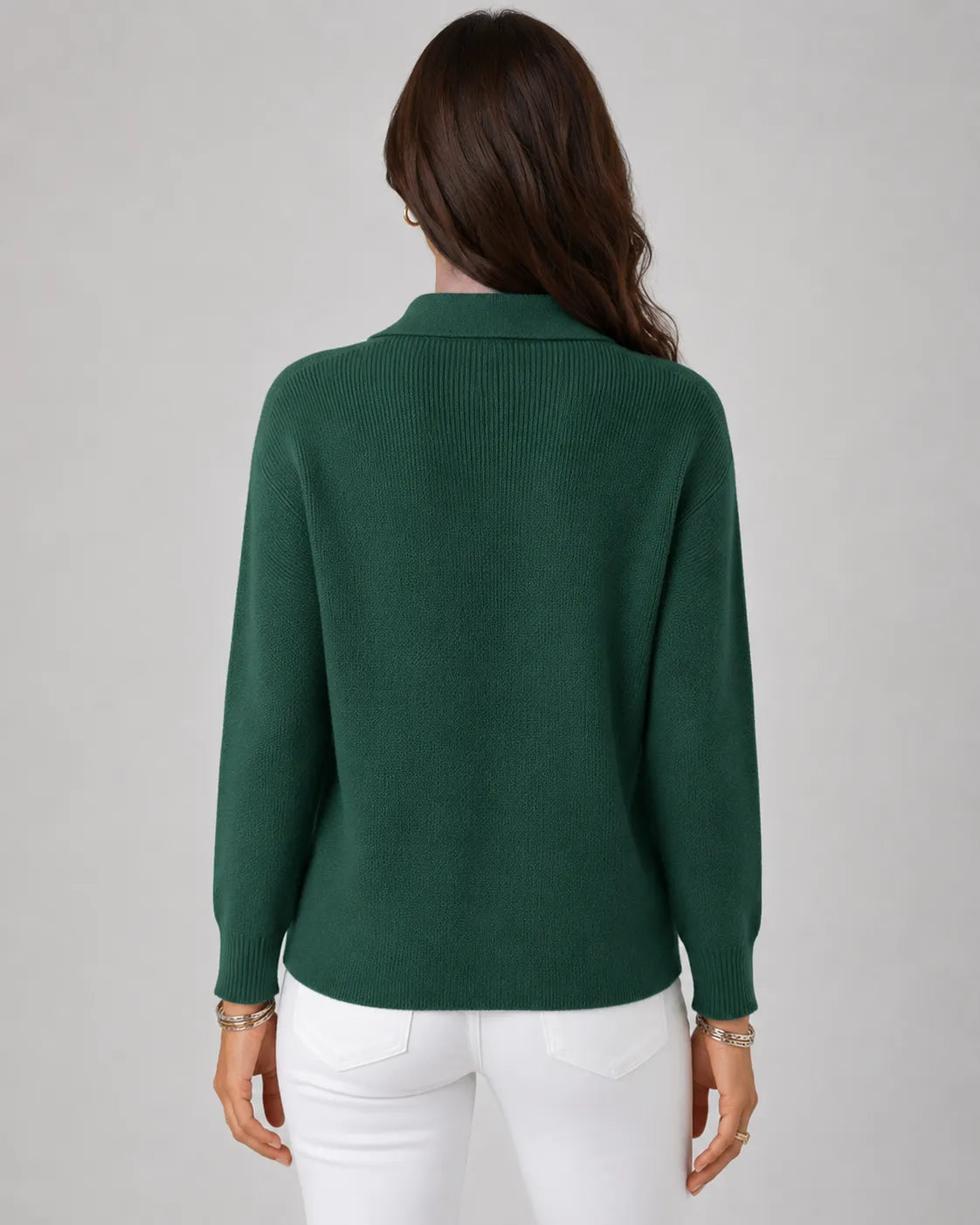 Green knit cardigan back view with ribbed cuffs and hem