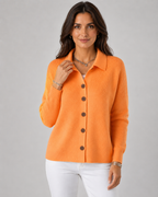 Orange collared button-up knit cardigan with long sleeves and front buttons