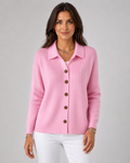 Pink collared button-up knit cardigan with long sleeves and dark buttons