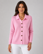 Pink collared button-up knit cardigan with long sleeves and dark buttons