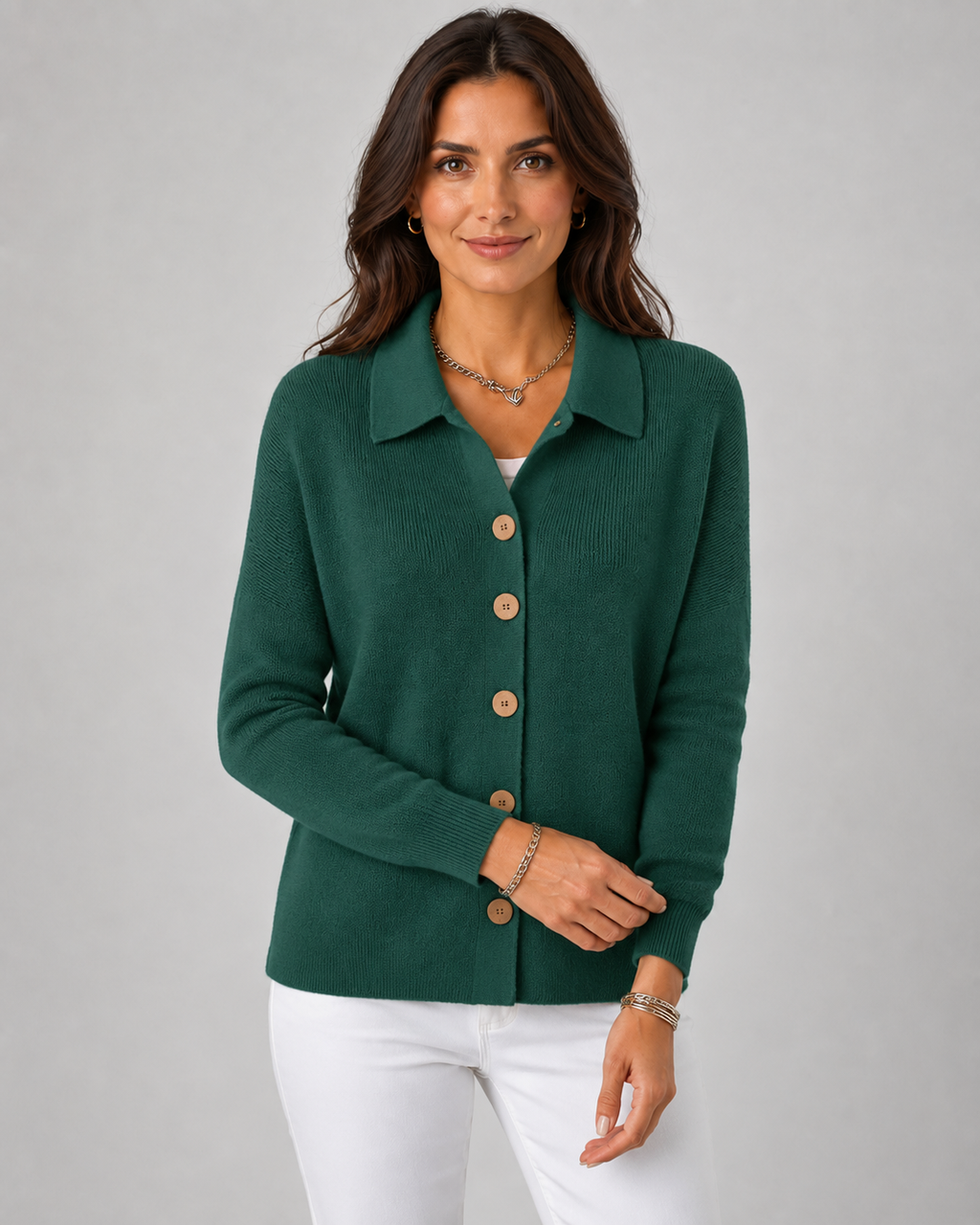 Green collared knit cardigan with button placket and long sleeves