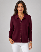 Burgundy collared button-up knit cardigan with long sleeves and front buttons