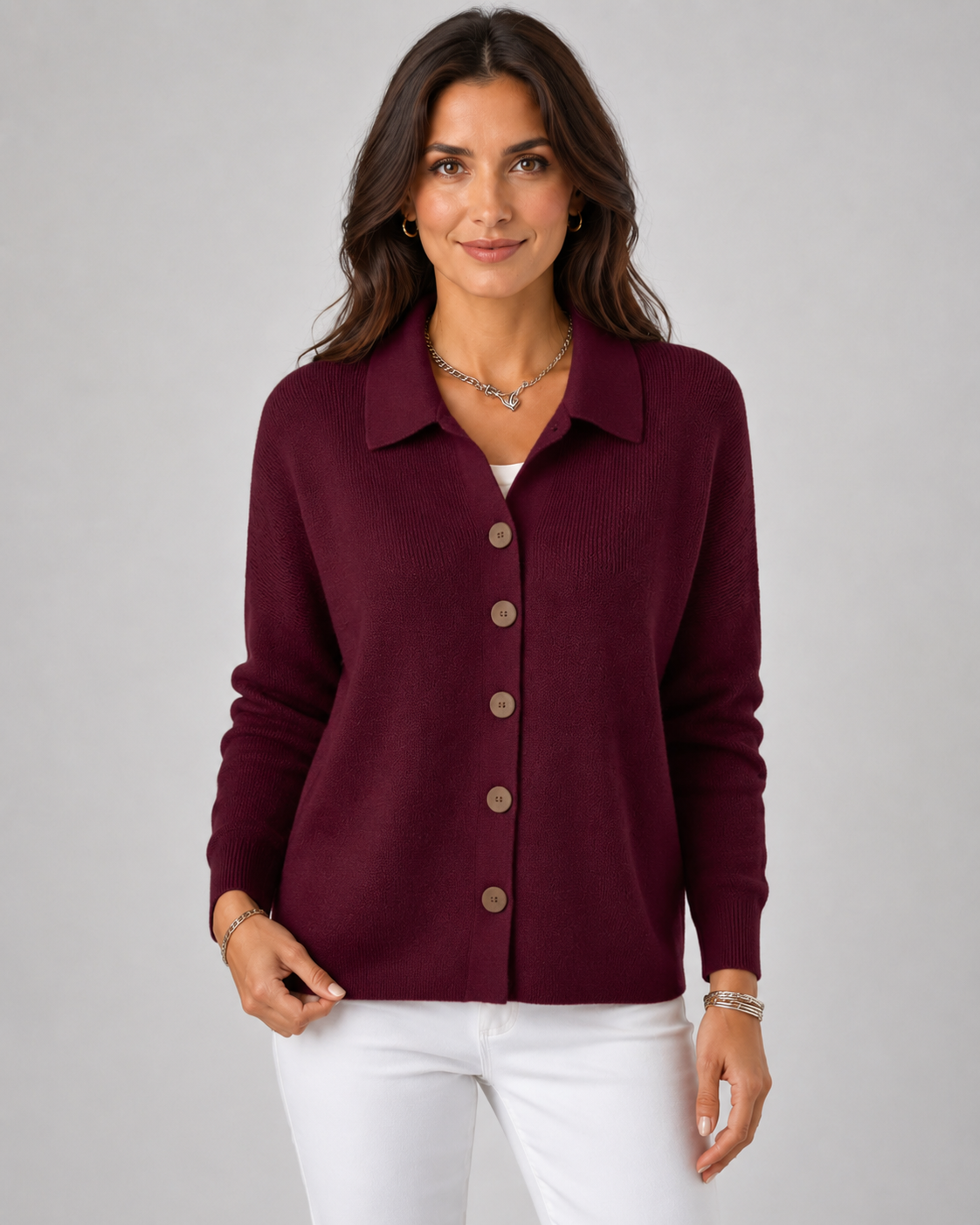 Burgundy collared button-up knit cardigan with long sleeves and front buttons