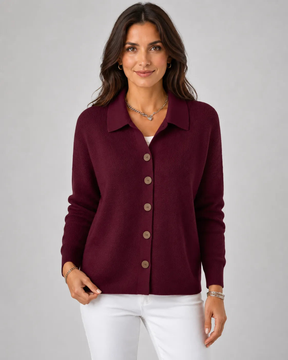 Burgundy collared button-up knit cardigan with long sleeves and front buttons