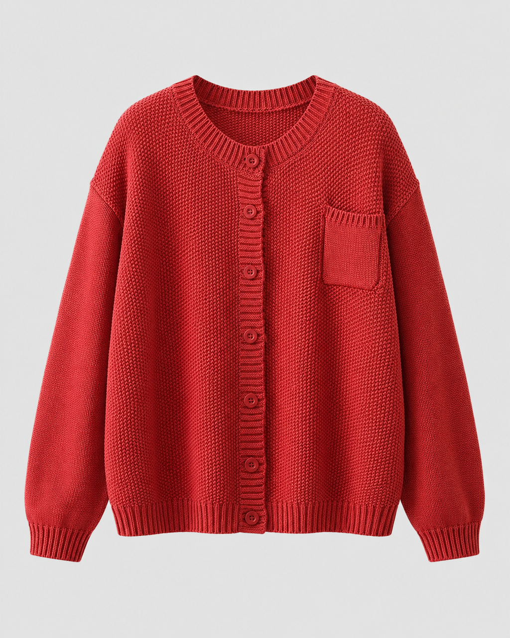 Red knit button-up cardigan with button front and chest pocket