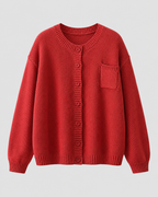Red knit button-up cardigan with button front and chest pocket
