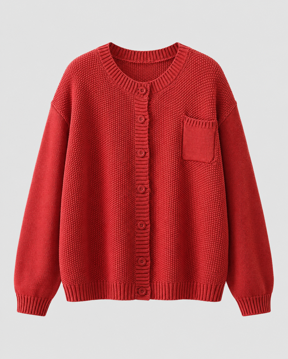 Red knit button-up cardigan with button front and chest pocket