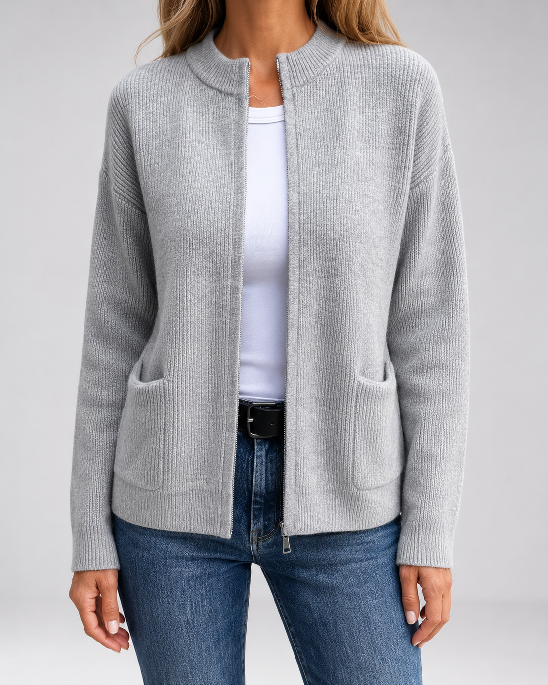 Gray open-front knit cardigan with long sleeves and front patch pockets