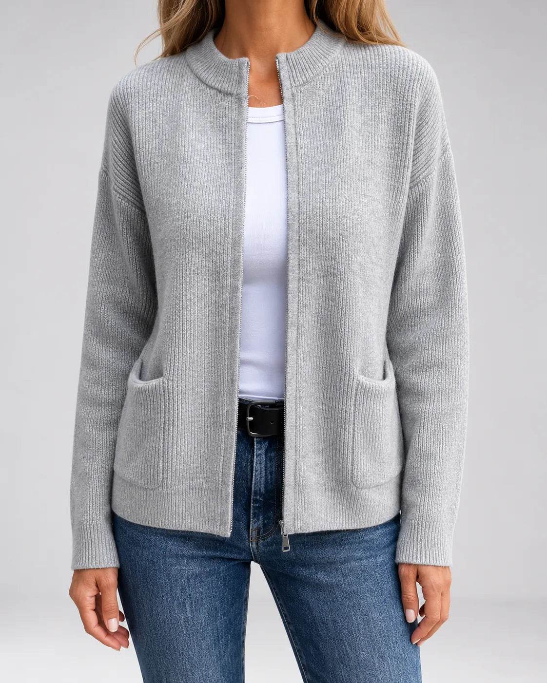 Gray open-front knit cardigan with long sleeves and front patch pockets