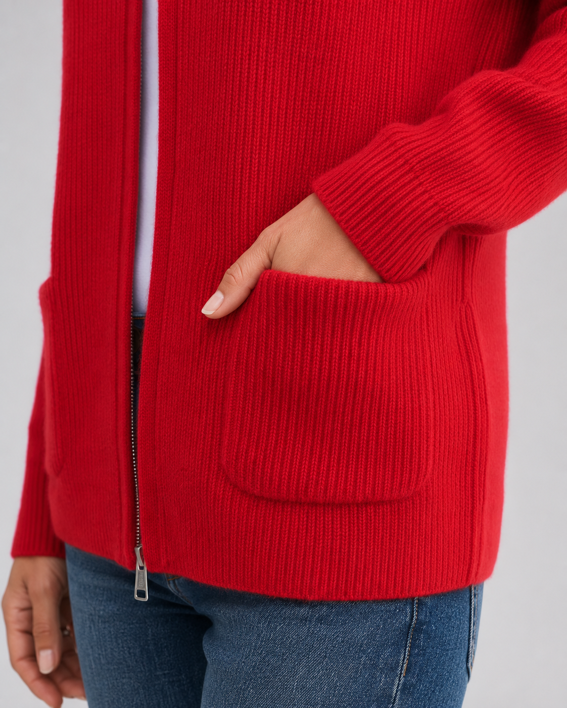 Red open-front knit cardigan with front patch pocket detail and ribbed cuffs