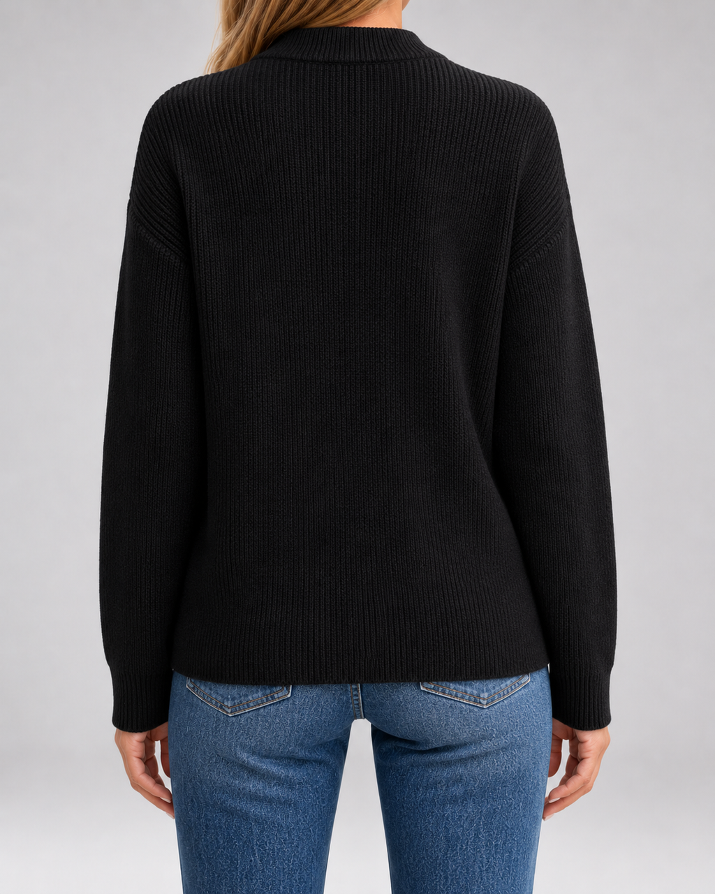 Black open-front knit cardigan, back view, long sleeves and ribbed knit texture