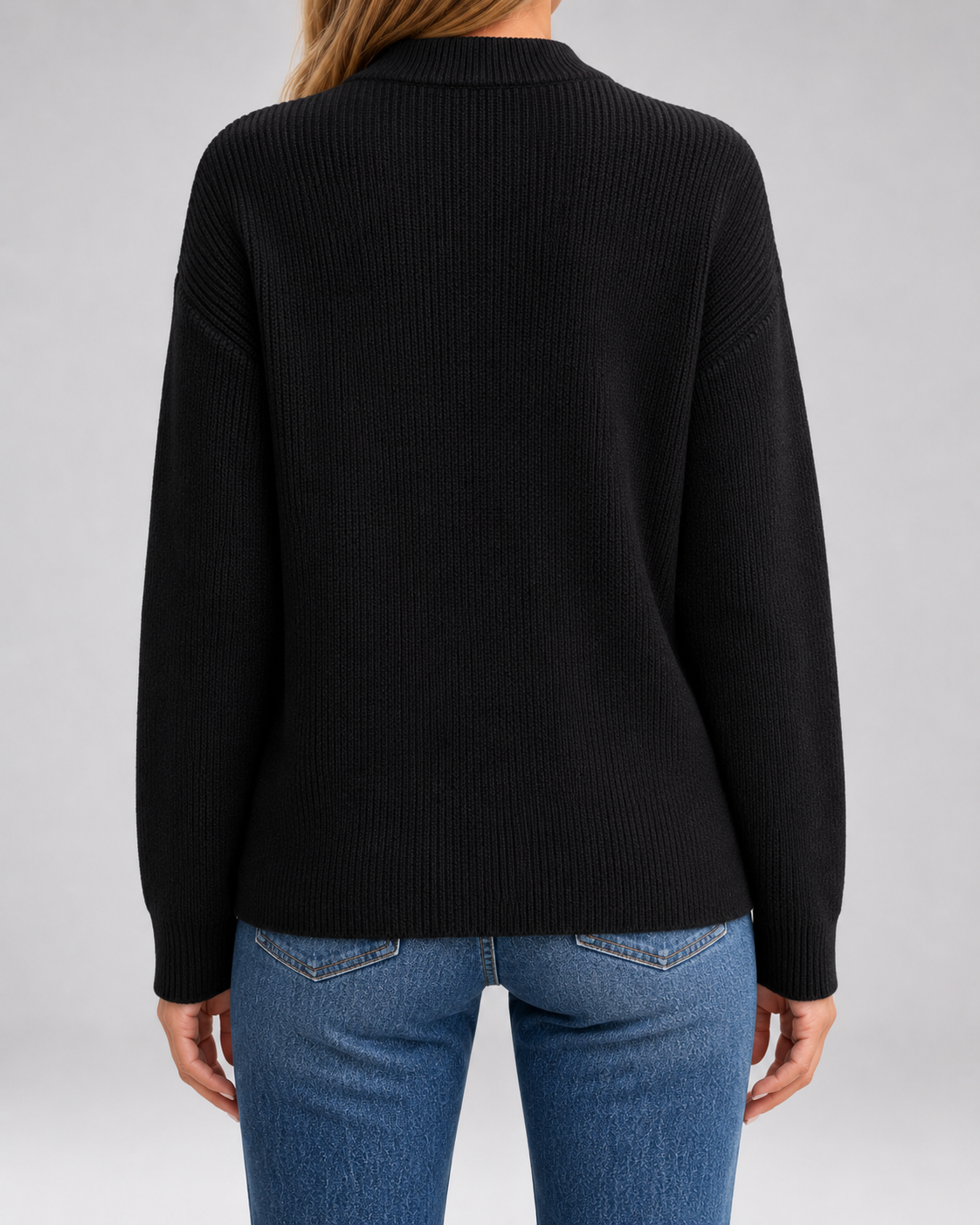 Black open-front knit cardigan, back view, long sleeves and ribbed knit texture
