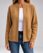 Brown open-front knit cardigan with long sleeves and front patch pockets