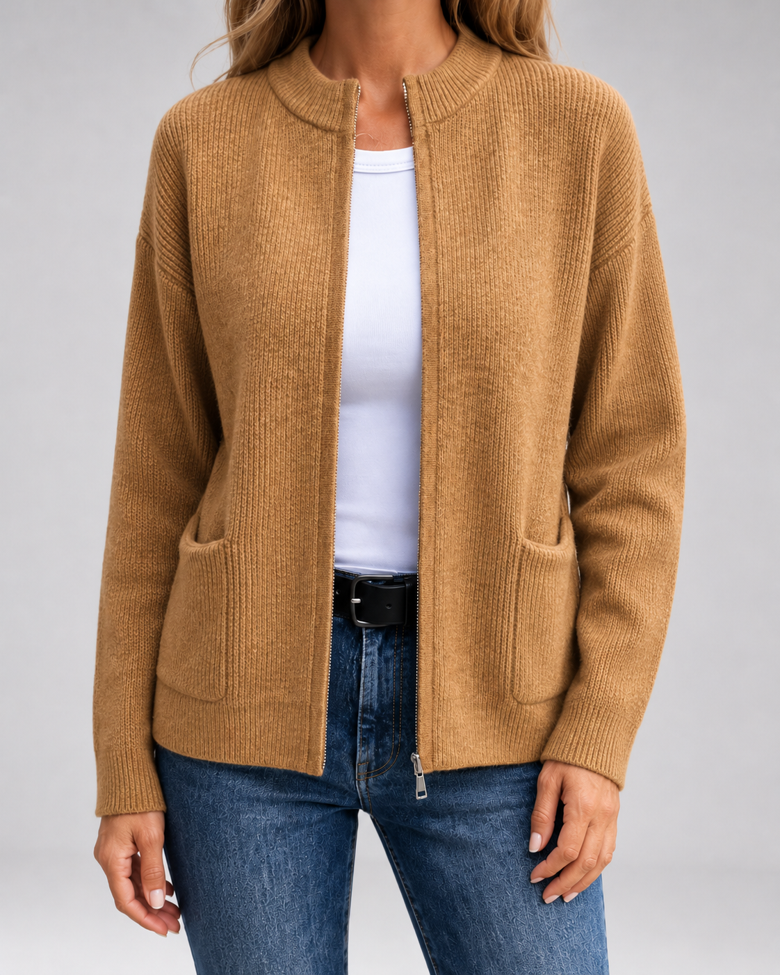 Brown open-front knit cardigan with long sleeves and front patch pockets